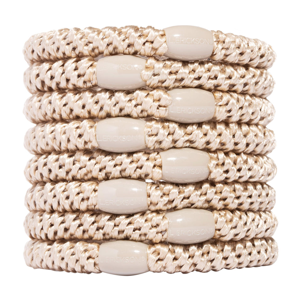 L. Erickson front packaging showing eight camel beige hair ties and branding