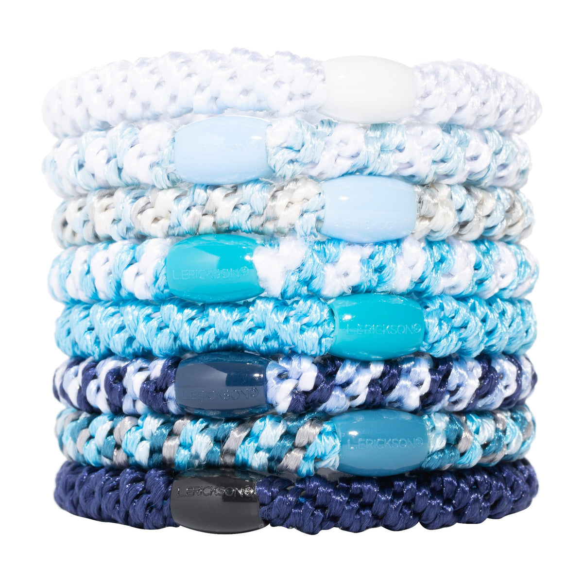 L. Erickson front packaging showing coastal blue hair ties and benefit of strong hold