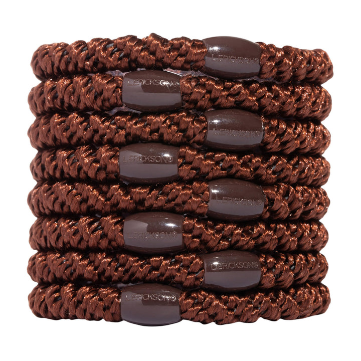 L. Erickson front packaging showing coffee brown 8-count hair ties and neat arrangement