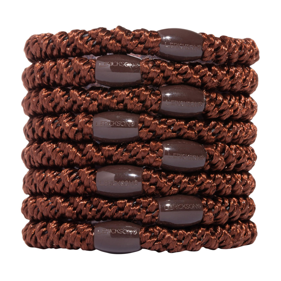L. Erickson front packaging showing coffee brown 8-count hair ties and neat arrangement