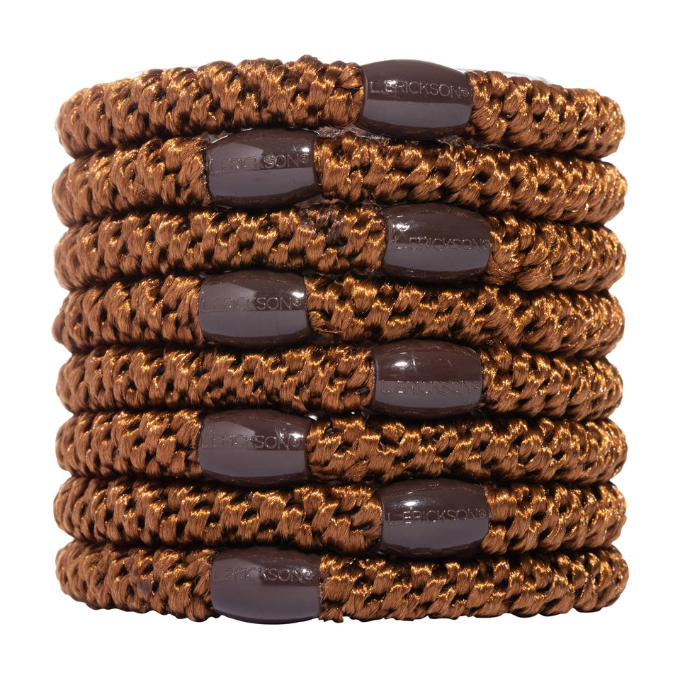 L. Erickson front pack of eight mocha hair ties showing color and quantity, practical accessory