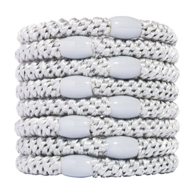 L. Erickson front view of eight silver hair ties showing color and bead for polished hold