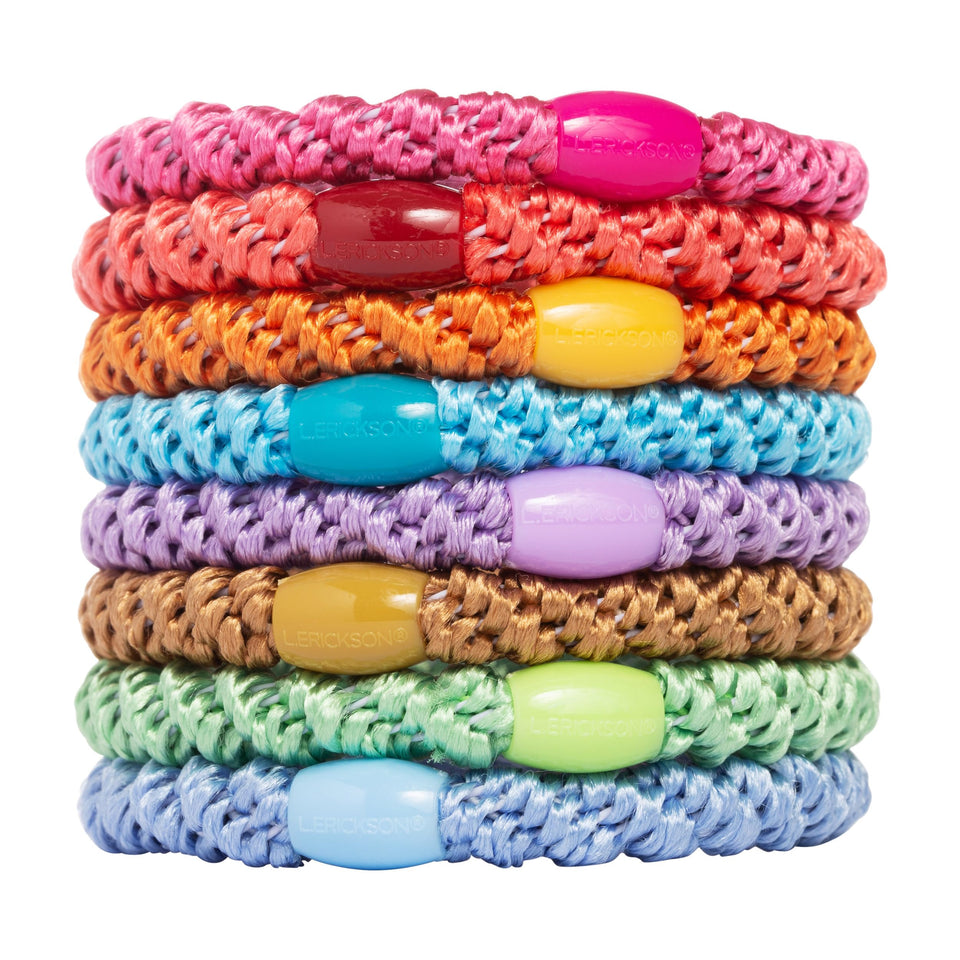 L. Erickson front packaging showing 8 colorful hair ties for easy selection
