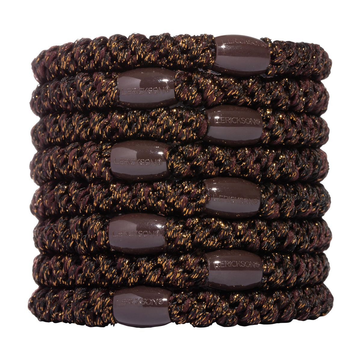 L. Erickson front packaging showing metallic espresso hair ties and benefits