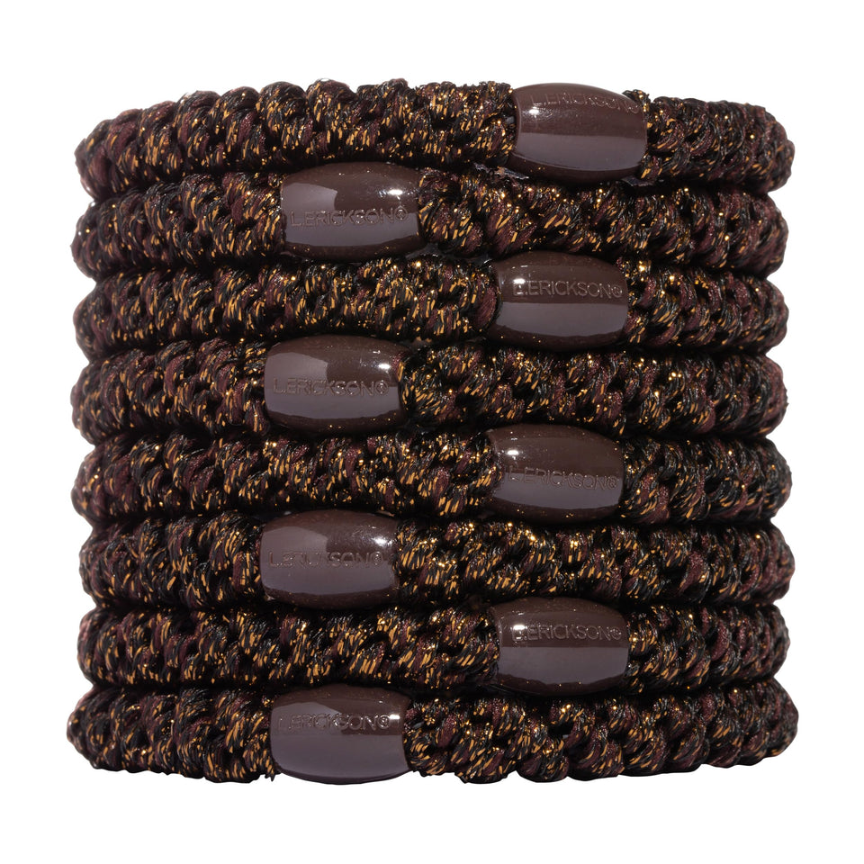 L. Erickson front packaging showing metallic espresso hair ties and benefits