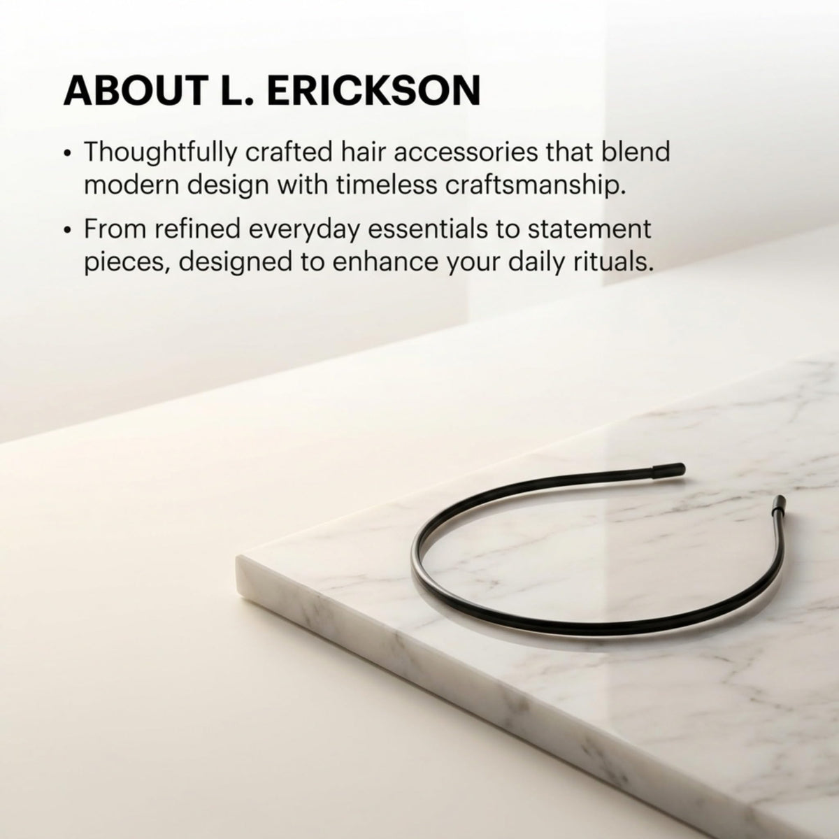 L. Erickson model with straight hair wearing Twiggy headband for neat everyday styling
