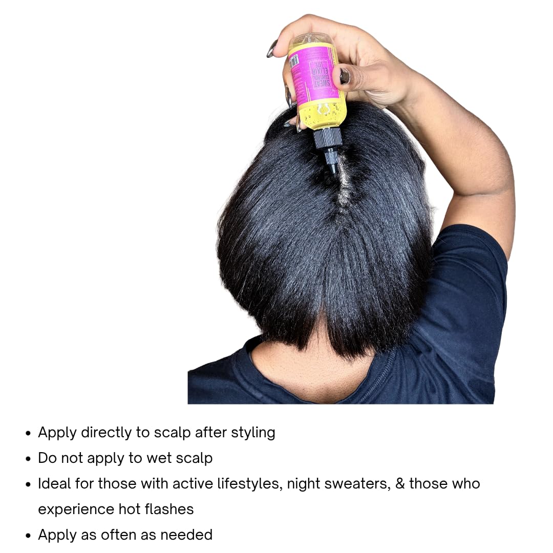 L. Jones bottle beside silk-pressed hair portraying long-lasting style preservation