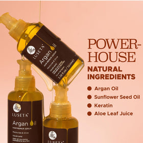 L LUSETA argan oil being applied to hair ends for frizz control