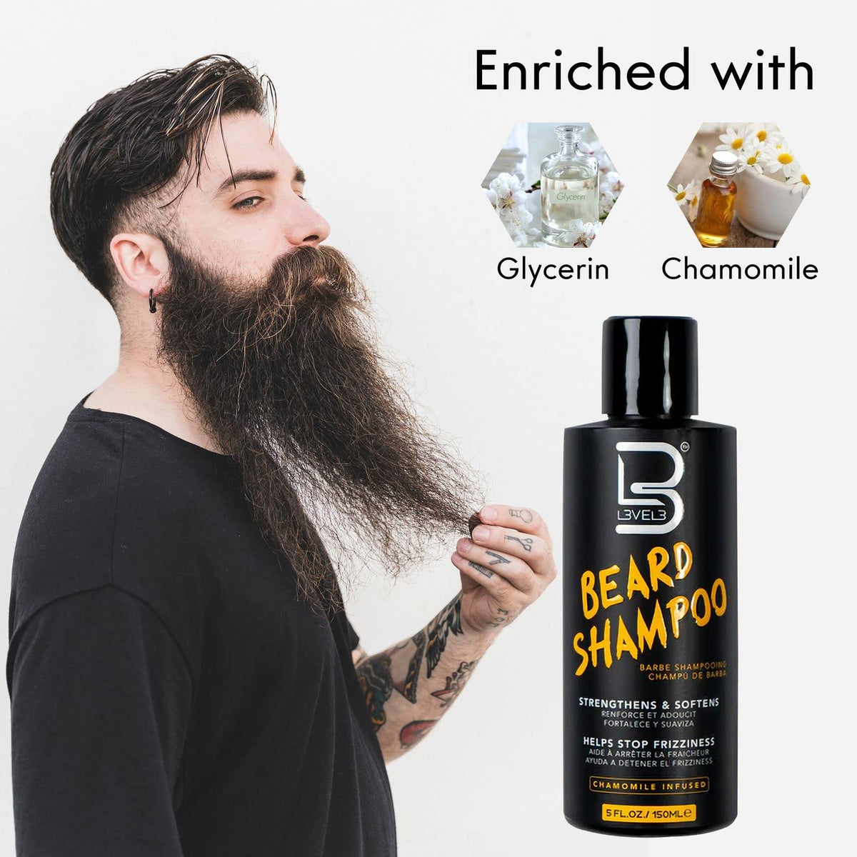 L3 beard shampoo being applied in shower to reduce flakes and itch