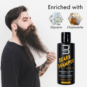 L3 beard shampoo being applied in shower to reduce flakes and itch