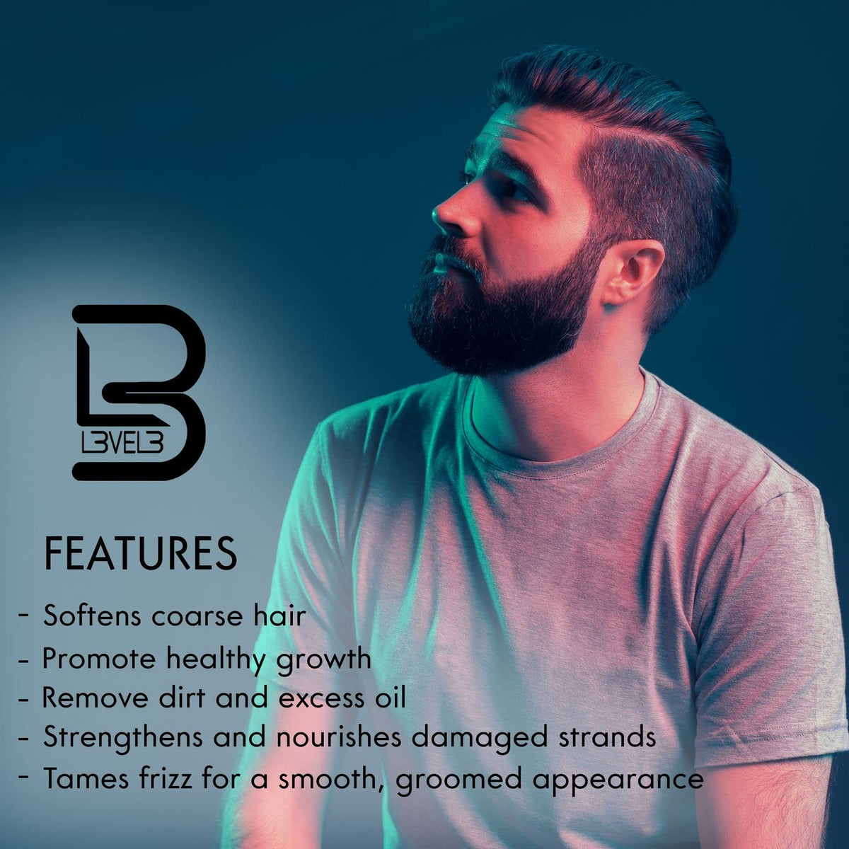 L3 beard shampoo pump and label close-up highlighting ingredient transparency