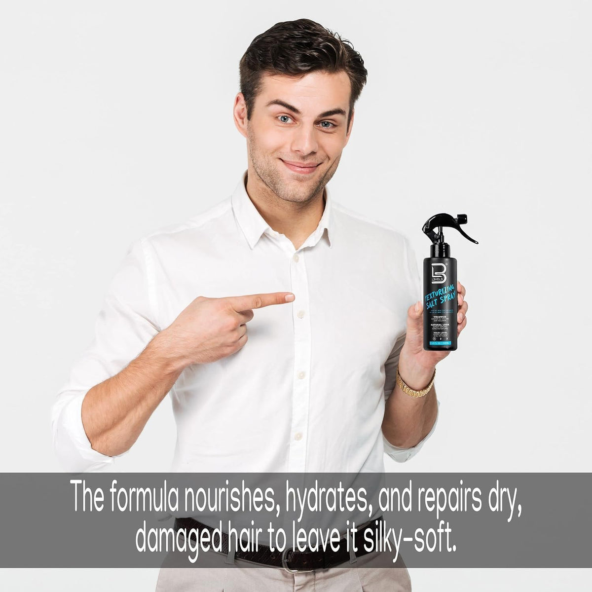 L3 bottle next to a hand to show 8.45 fl oz scale advantage