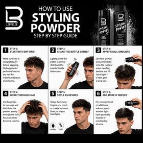 Applying L3 powder to damp hair and blow-drying to create root lift and volume