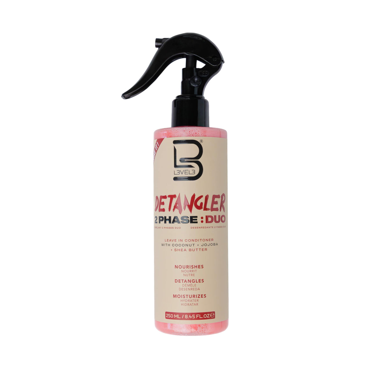 L3 front packaging showing detangler spray and benefits