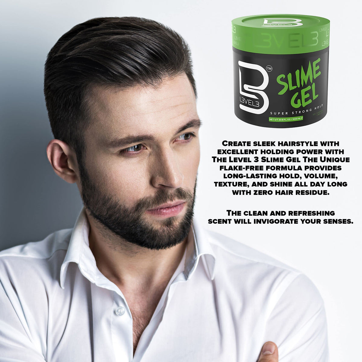 Styled men's hair using L3 gel showing volume and glossy finish