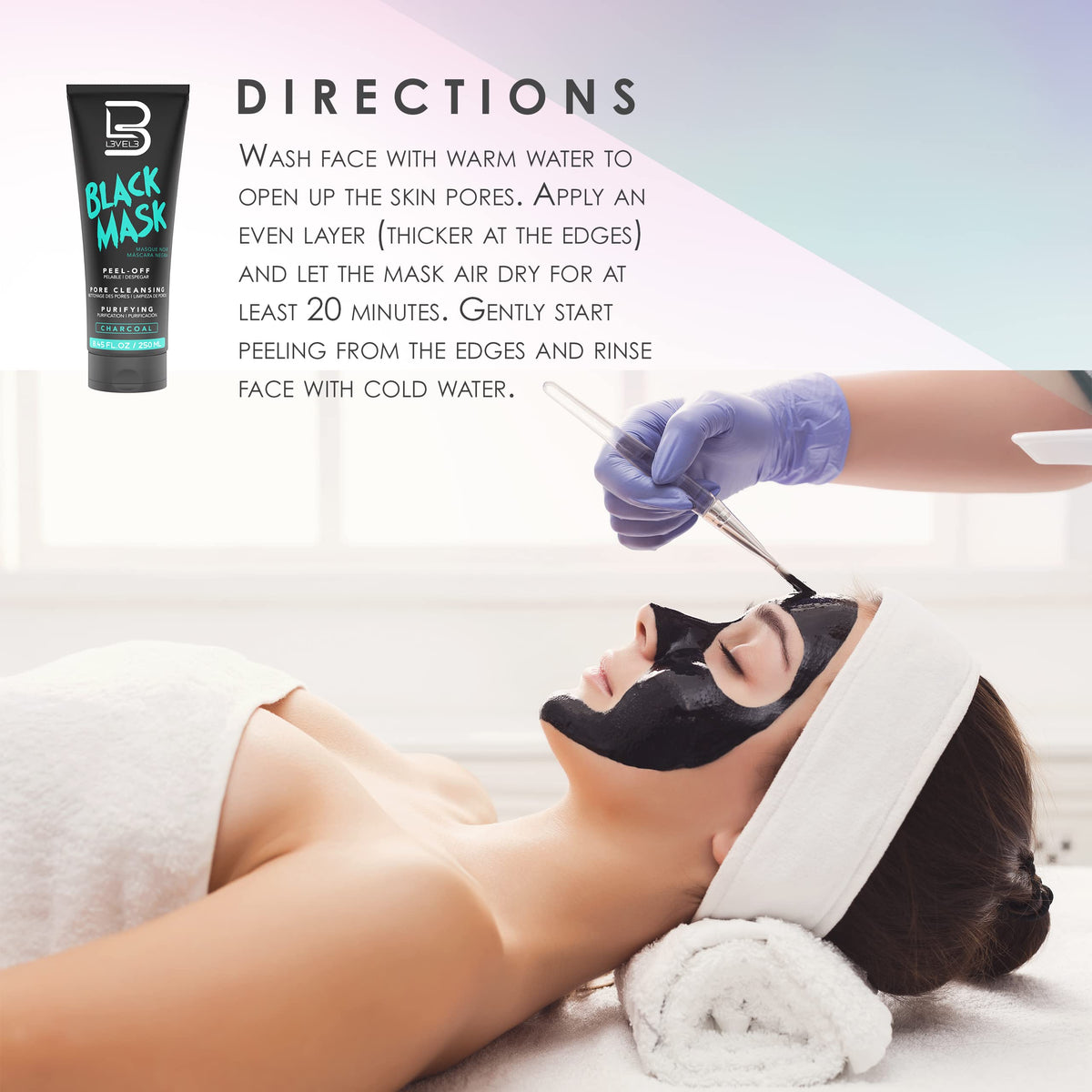 L3 model wearing peel-off mask demonstrating ease of use and even layer