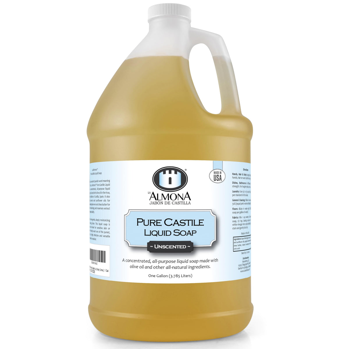 La Almona front label on one-gallon bottle showing product identity and use benefits