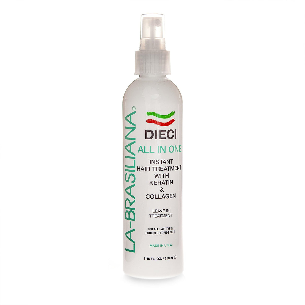 La-Brasiliana Dieci front packaging showing bottle and label, protects hair and boosts shine