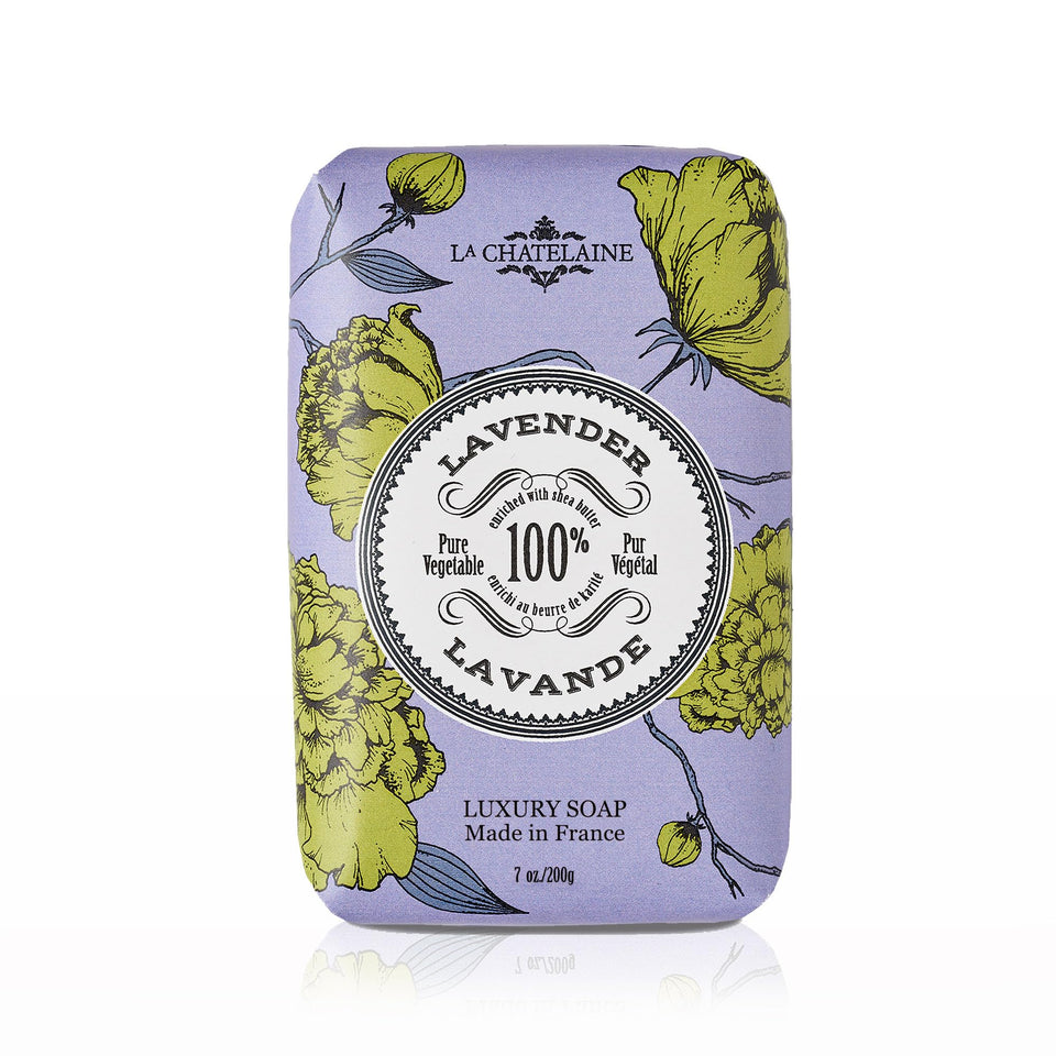 La Chatelaine front packaging showing lavender-scented 7 oz bar and luxury presentation
