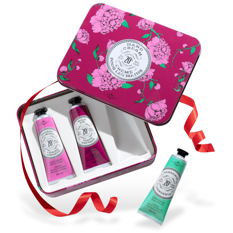 La Chatelaine front packaging showing three travel tins and gift appeal