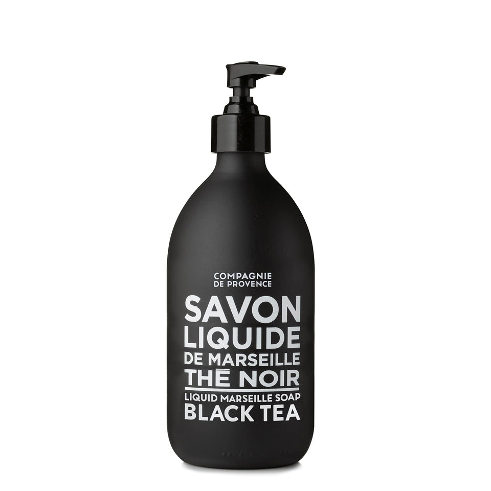 La Compagnie de Provence front glass pump bottle showing elegant branding and benefit of refillability