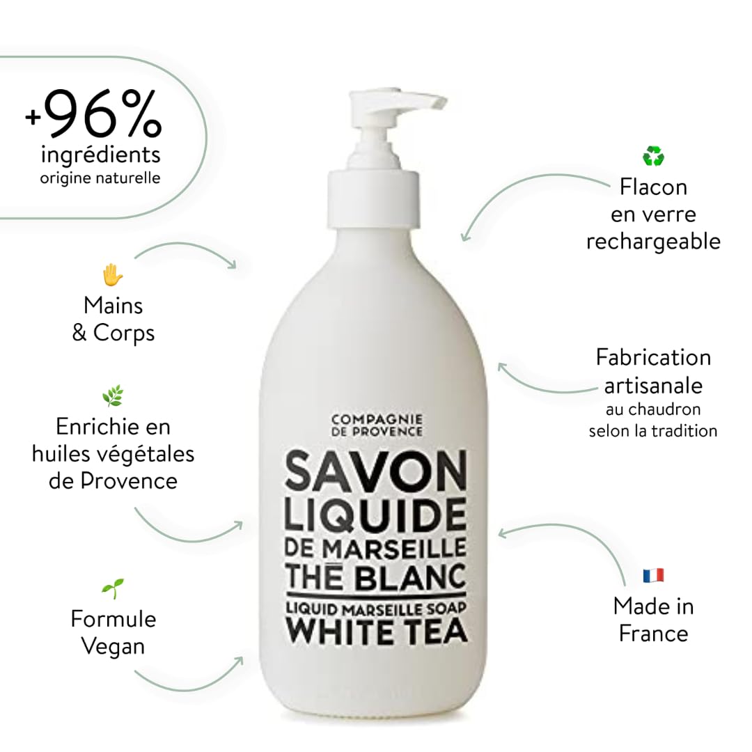 La Compagnie de Provence close-up of label highlighting white tea fragrance and provenance