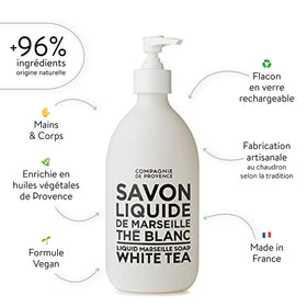 La Compagnie de Provence close-up of label highlighting white tea fragrance and provenance