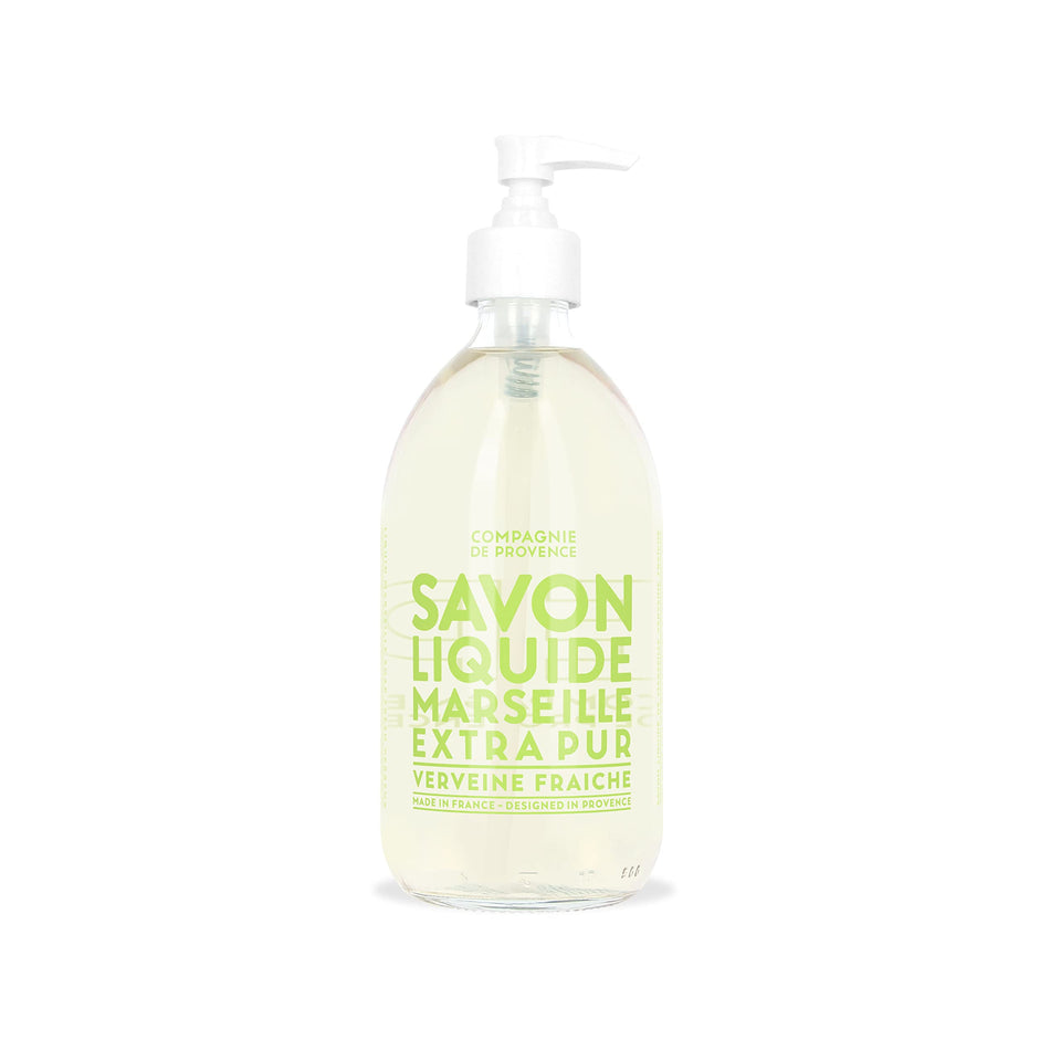 La Compagnie de Provence front glass bottle showing label and fresh verbena benefit