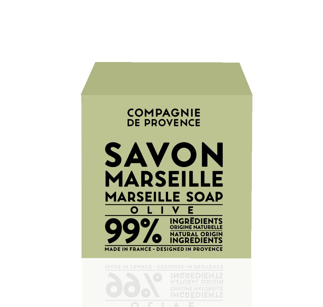 La Compagnie de Provence close-up texture of olive soap emphasizing gentle, moisturizing lather