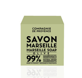 La Compagnie de Provence close-up texture of olive soap emphasizing gentle, moisturizing lather