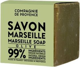La Compagnie de Provence olive cube front view showing pure Marseille craftsmanship and eco benefit