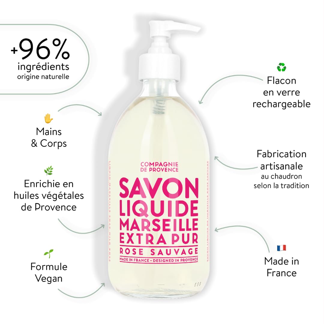 La Compagnie de Provence pump detail highlights easy dispensing and durable glass benefit