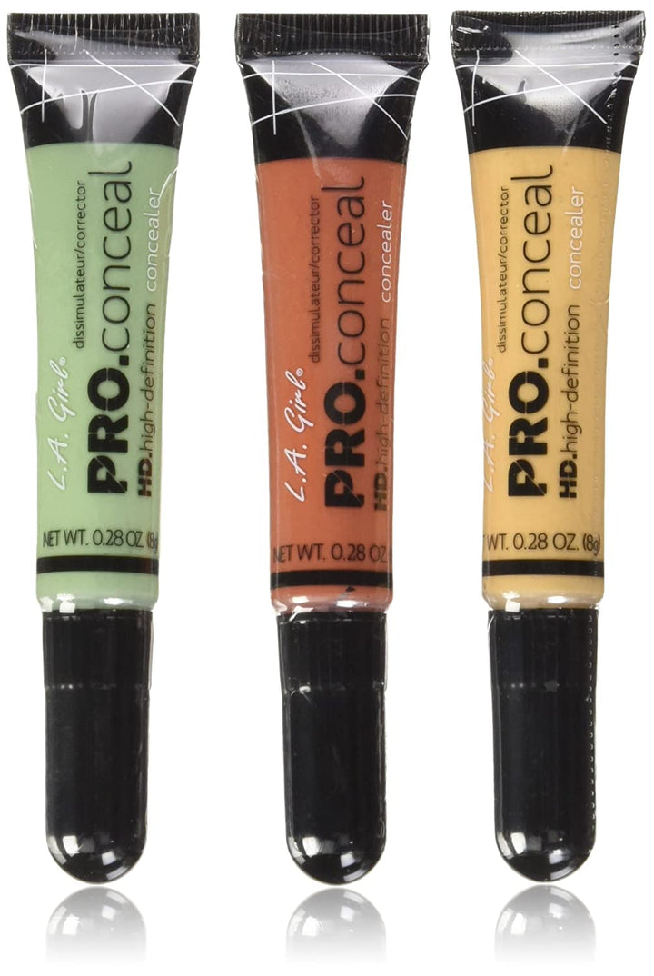 L.A. Girl front packaging showing three corrector tubes and clear labels for easy selection