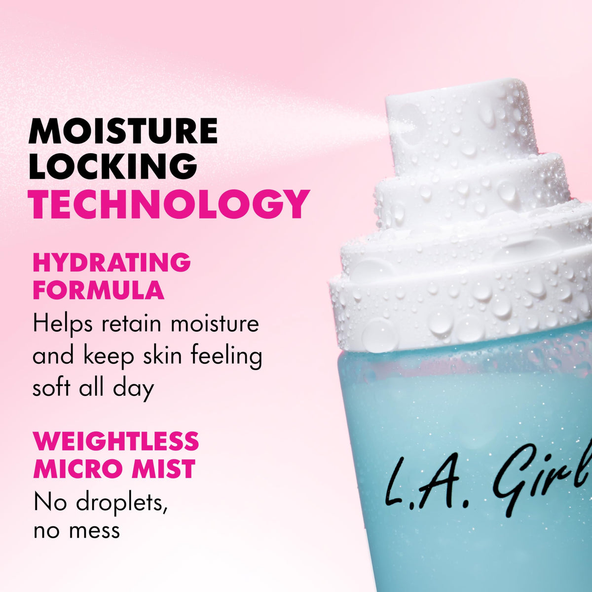 L.A. Girl nozzle close-up producing micro mist, demonstrates even application benefit