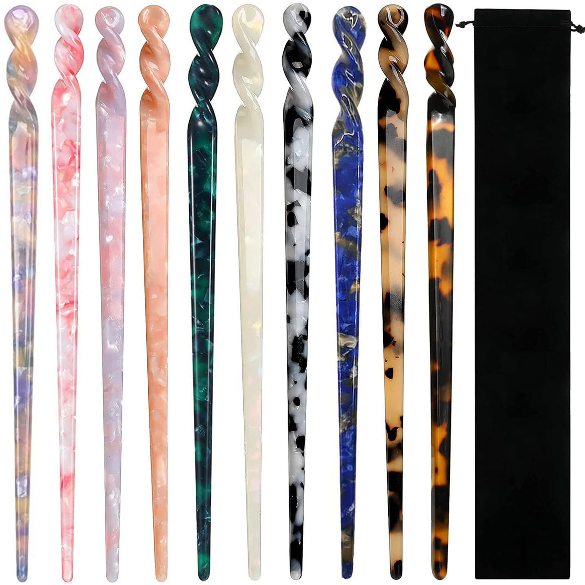 La Jolie Jasmin front packaging showing ten hair sticks and patterns, stylish storage benefit