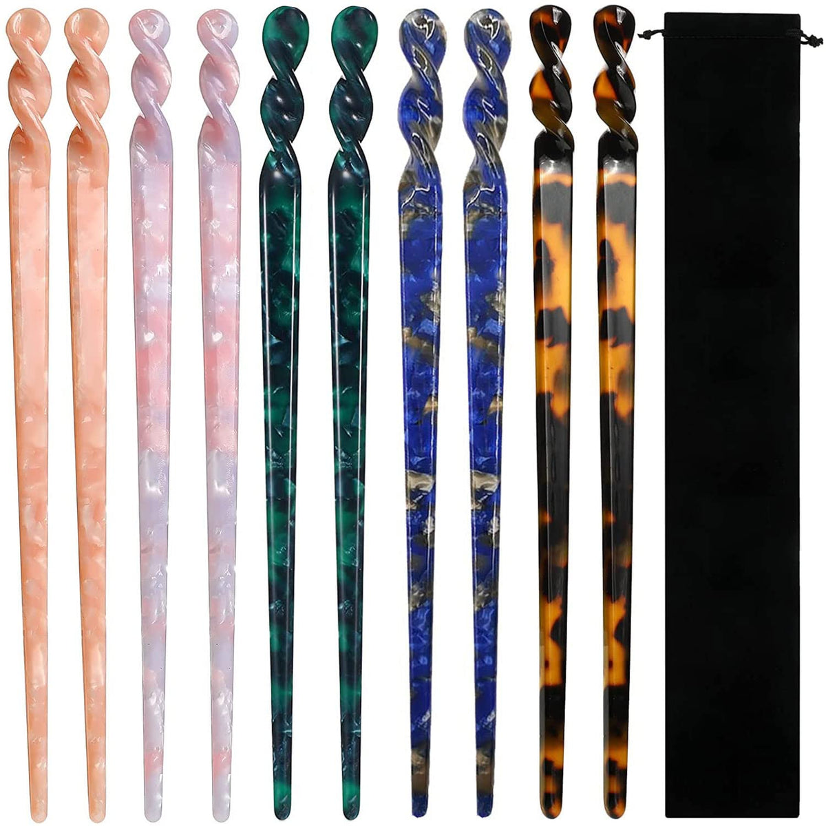 La Jolie Jasmin front view of ten-piece hair sticks set showing leopard and tortoise patterns, stylish gift-ready