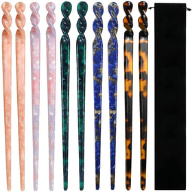 La Jolie Jasmin front view of ten-piece hair sticks set showing leopard and tortoise patterns, stylish gift-ready