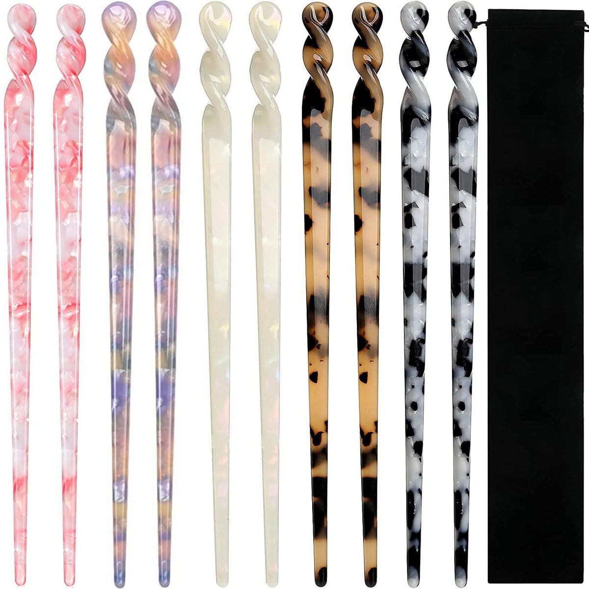 La Jolie Jasmin front view of ten leopard and tortoise shell hair sticks, stylish set