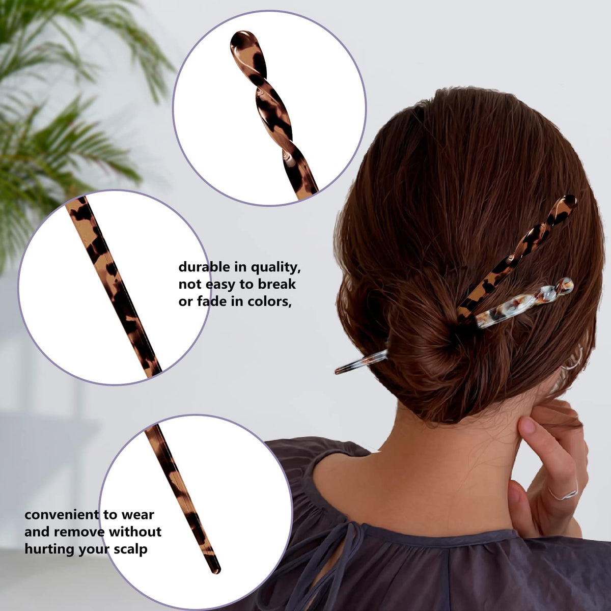 La Jolie Jasmin hair sticks securing a sleek bun, easy and secure styling