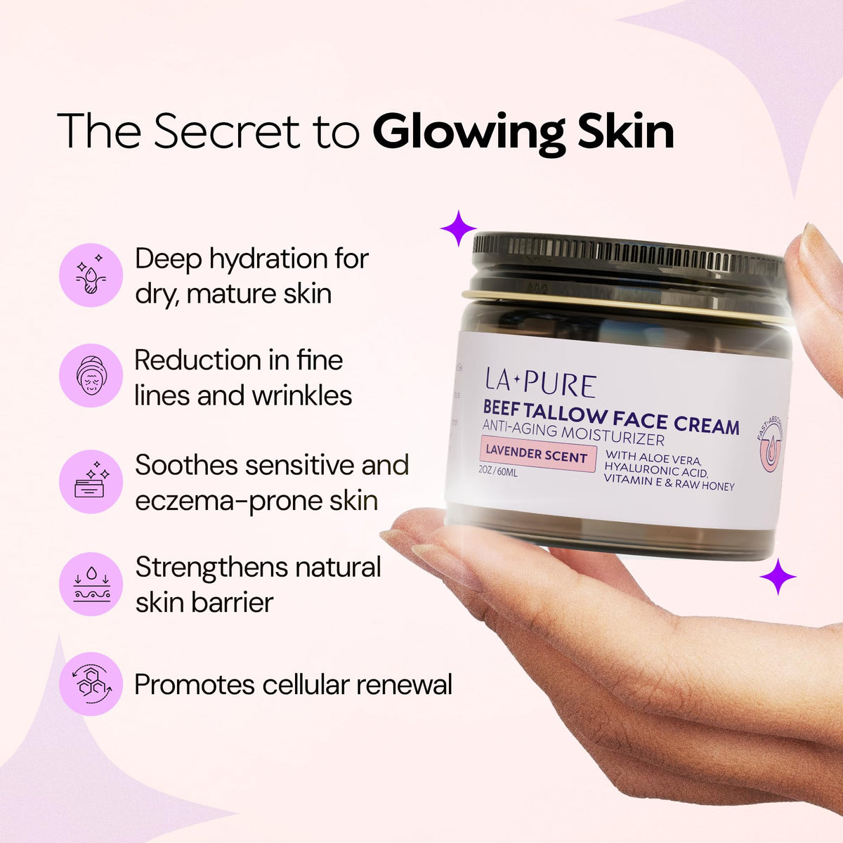 LA PURE open jar displaying cream texture that absorbs quickly for lightweight hydration