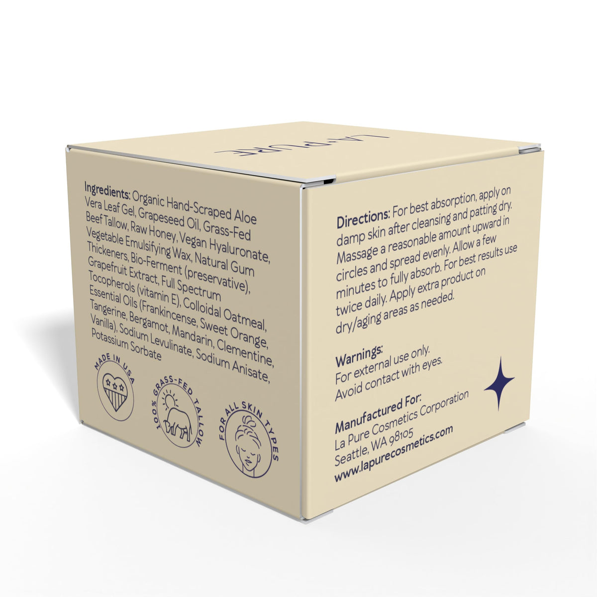 LA PURE label close-up listing key actives, underscores clear ingredient transparency