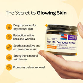 LA PURE open jar revealing creamy tallow texture, benefits deep hydration