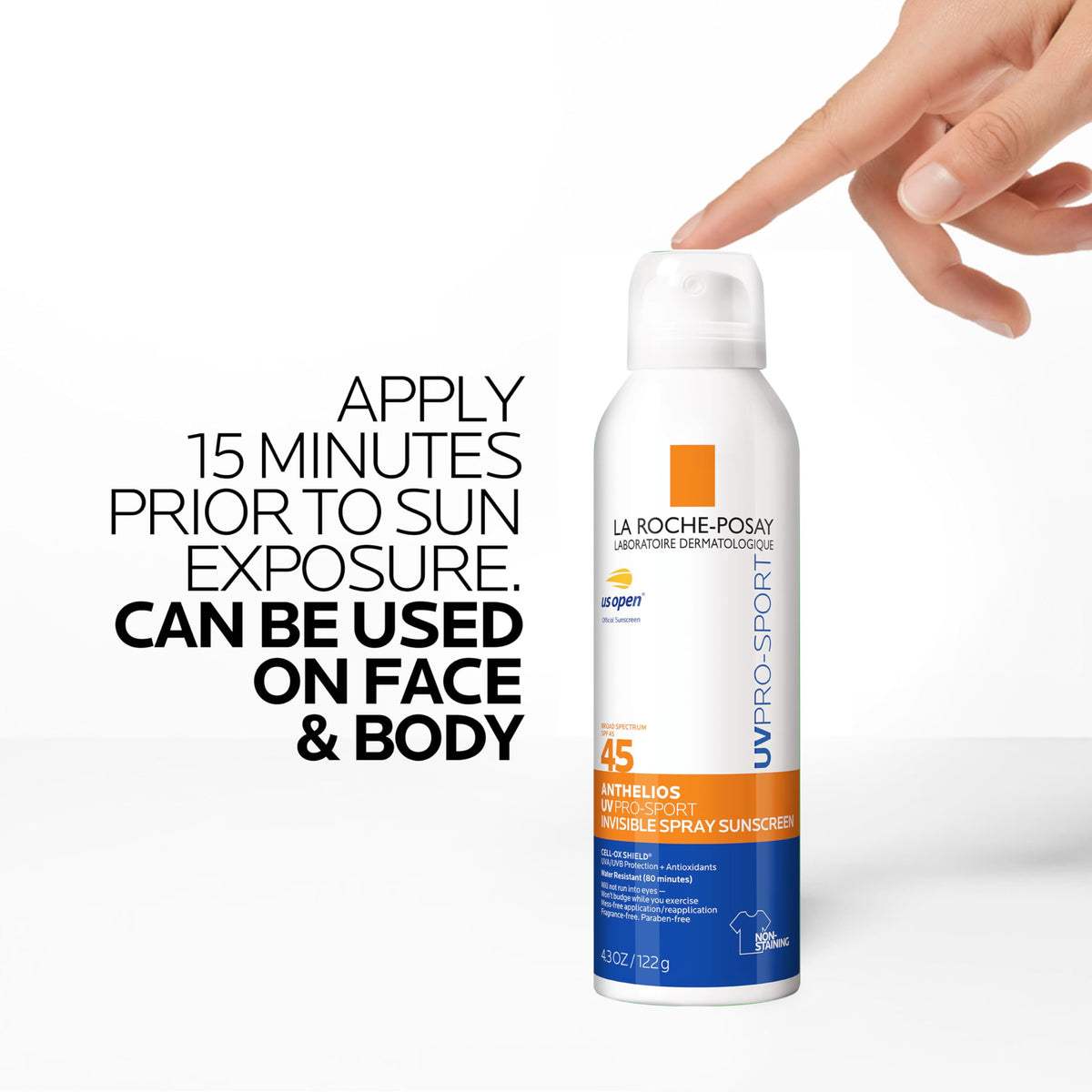 La Roche-Posay being sprayed on athlete’s shoulder for water-resistant coverage