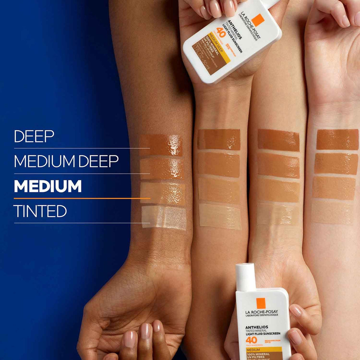 La Roche-Posay swatches showing four flexible shades to reduce white cast