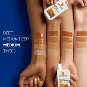 La Roche-Posay swatches showing four flexible shades to reduce white cast