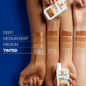 La Roche-Posay tinted swatch on skin minimizing white cast for even tone