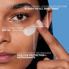 La Roche-Posay sunscreen texture close-up highlighting lightweight, blendable finish