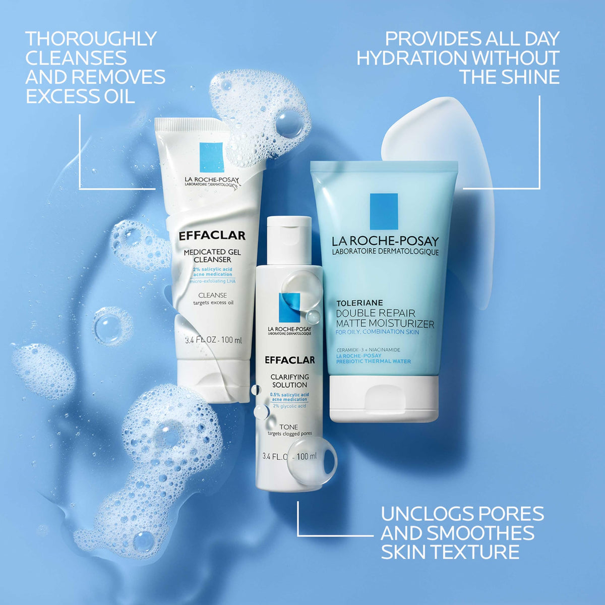 La Roche-Posay clarifying solution toner bottle with label showing exfoliating acids benefit