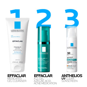 Applying La Roche-Posay Effaclar A.Z. Gel to cheek illustrating targeted acne and post-acne mark treatment