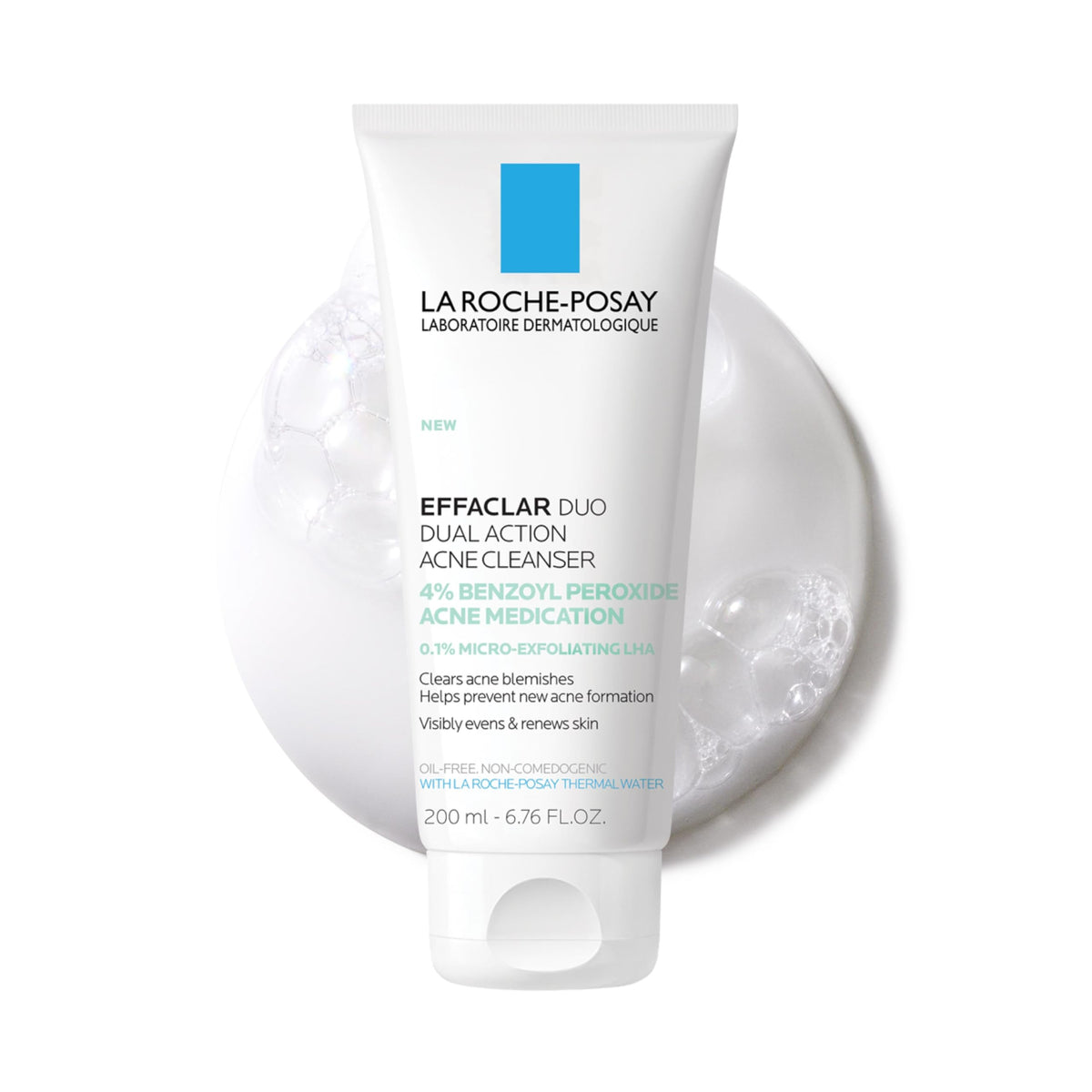 La Roche-Posay bottle front view showing pump and label, clear acne cleansing benefit
